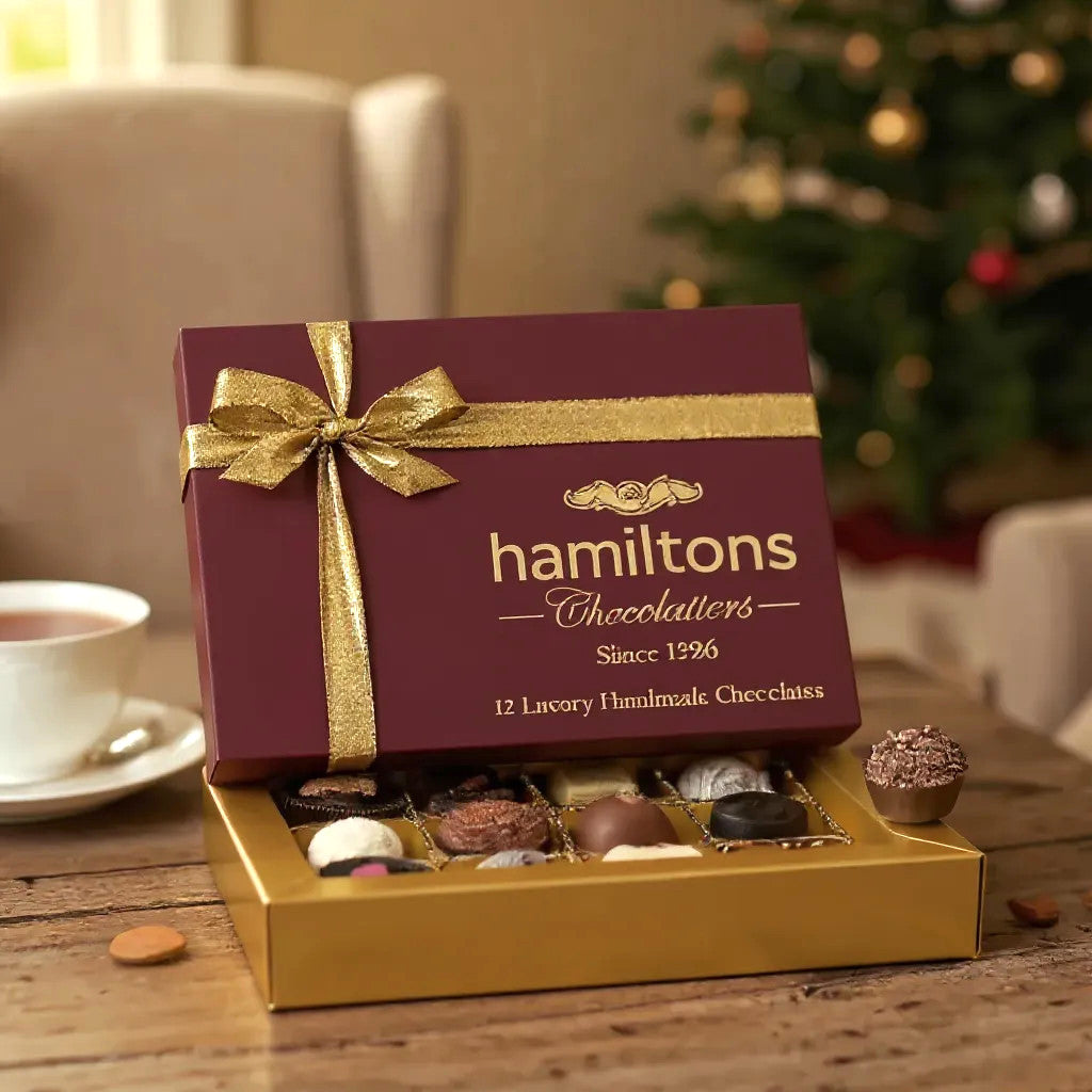 Premium Burgundy Christmas Gift Box Containing 12 Handmade Chocolates