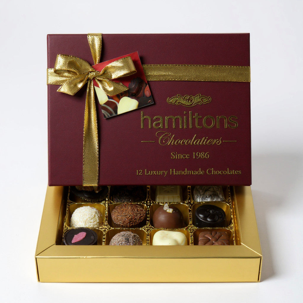 Premium Burgundy Christmas Gift Box Containing 12 Handmade Chocolates
