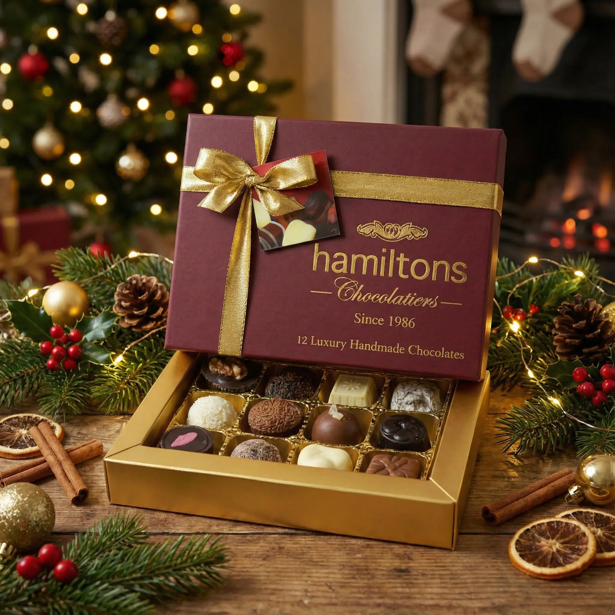 Premium Burgundy Christmas Gift Box Containing 12 Handmade Chocolates