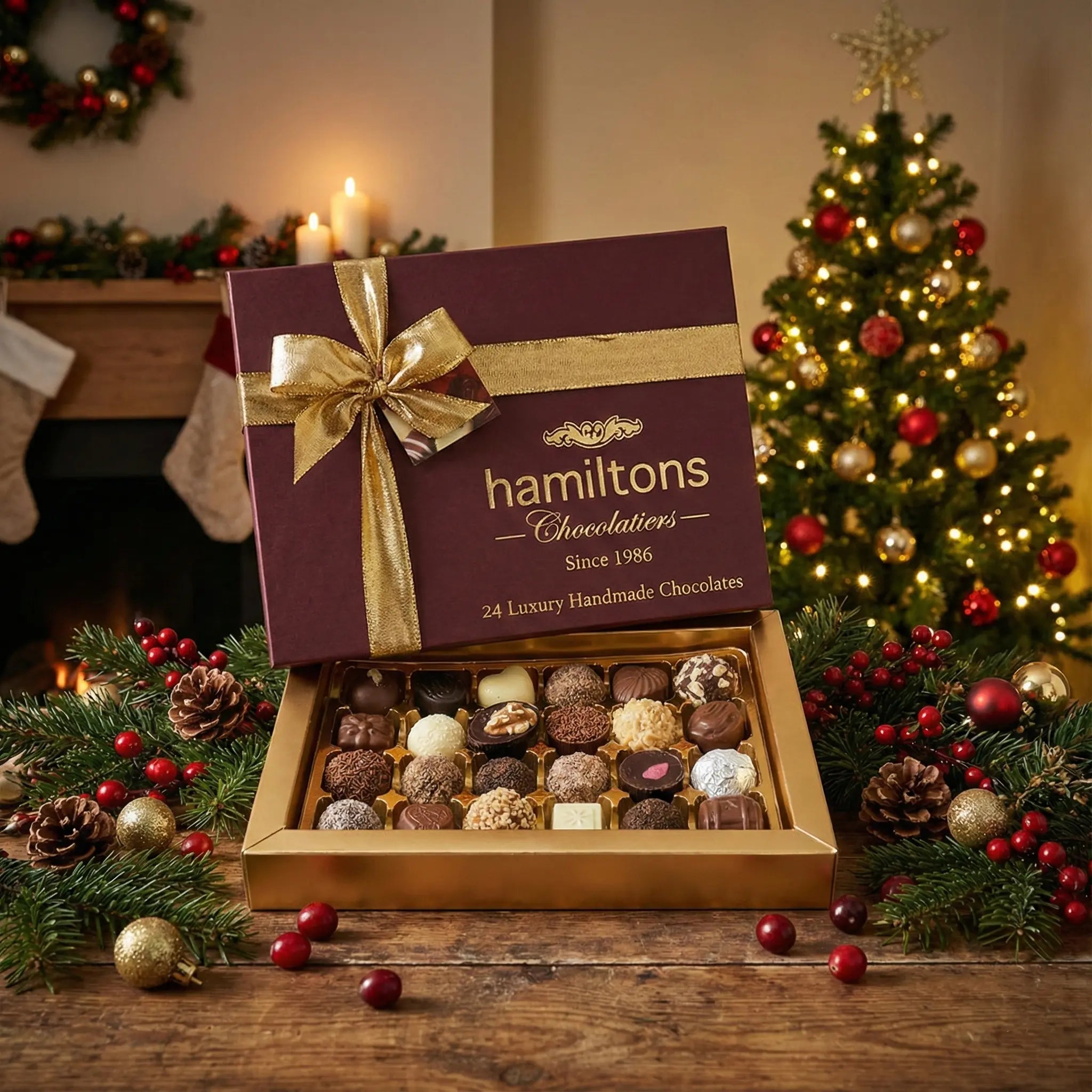 Premium Burgundy Christmas Gift Box Containing 24 Handmade Chocolates