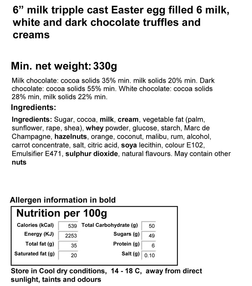 6" Whole Milk Easter Egg Filled With 6 Assorted Milk, White And Dark Chocolates