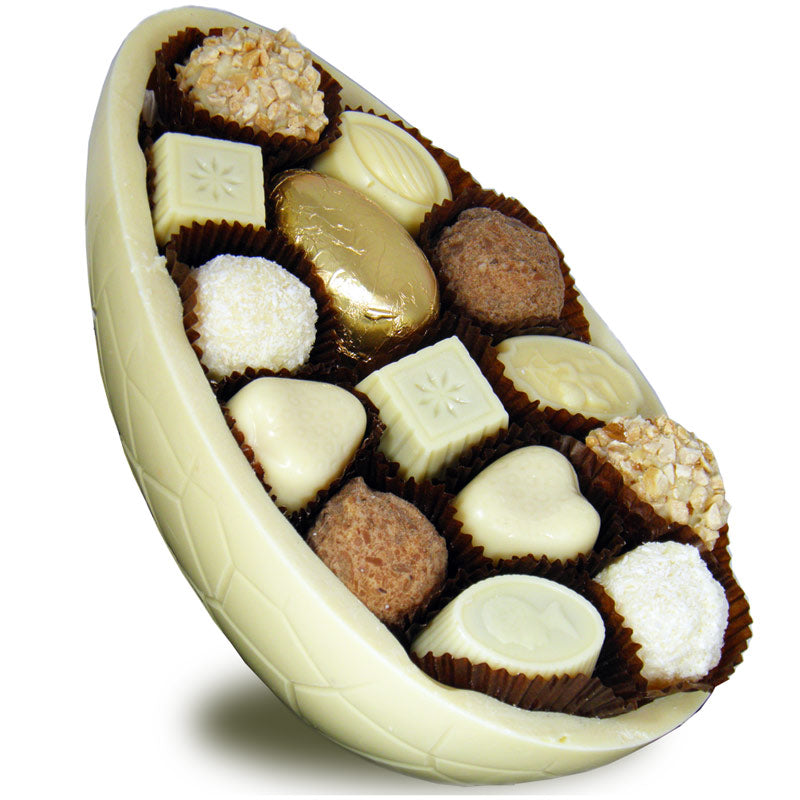 8" Half White Easter Egg Filled With 14 Assorted White Chocolates