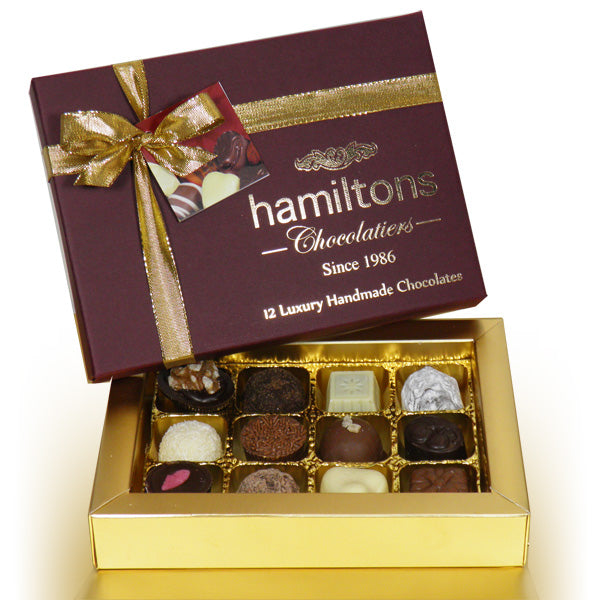 Premium Burgundy Christmas Gift Box Containing 12 Handmade Chocolates