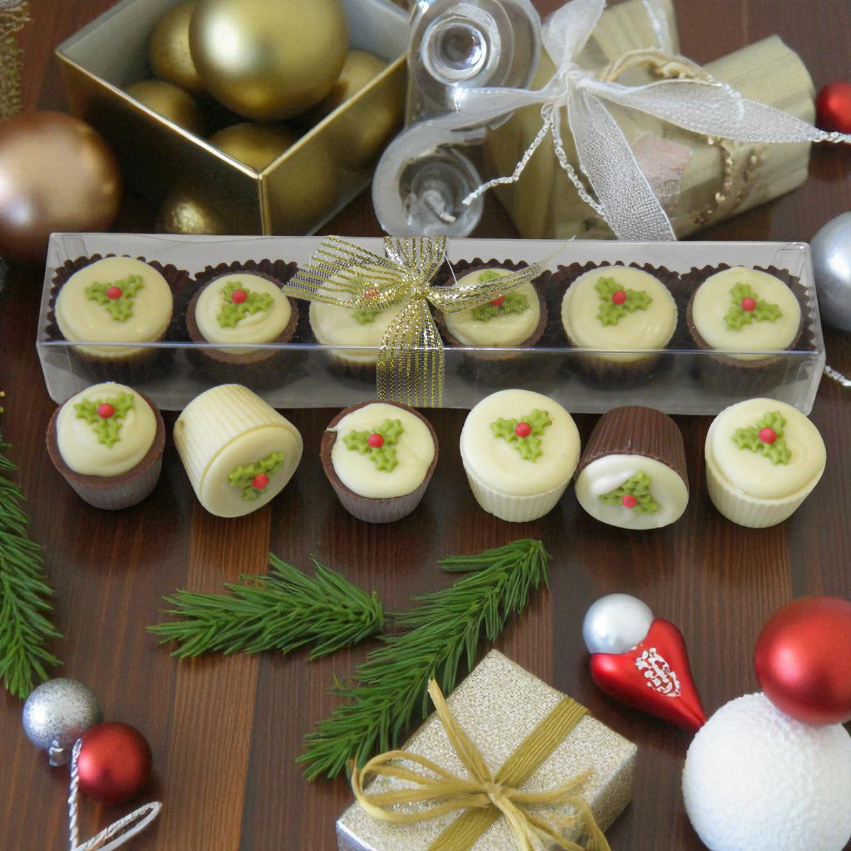 6 Holly Christmas Milk & White Chocolate Truffles