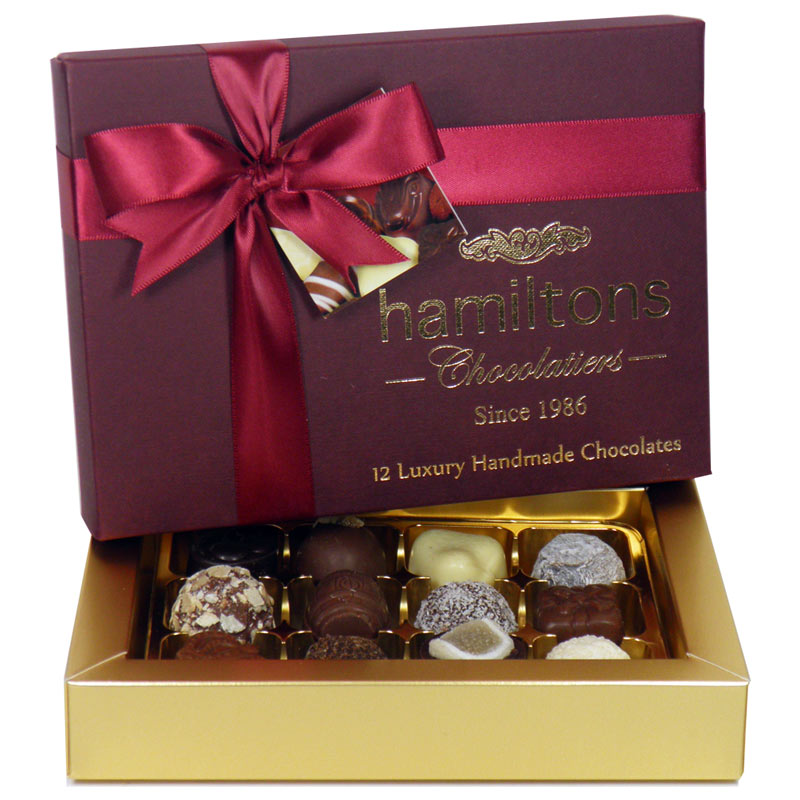Premium Burgundy Luxury Chocolate Box 12 Handmade Chocolates