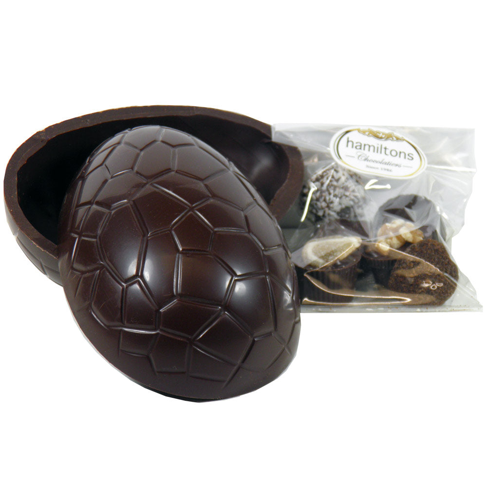 Small Whole Dark Easter Egg Filled With An Assortment Of Dark Chocolates
