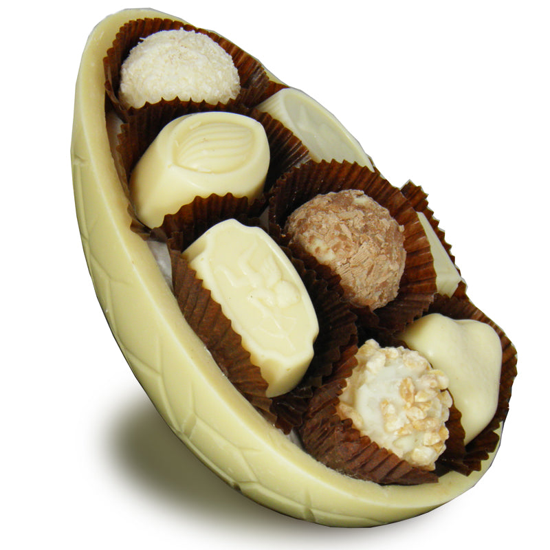 6" Half White Easter Egg Filled With 8 Assorted White Chocolates